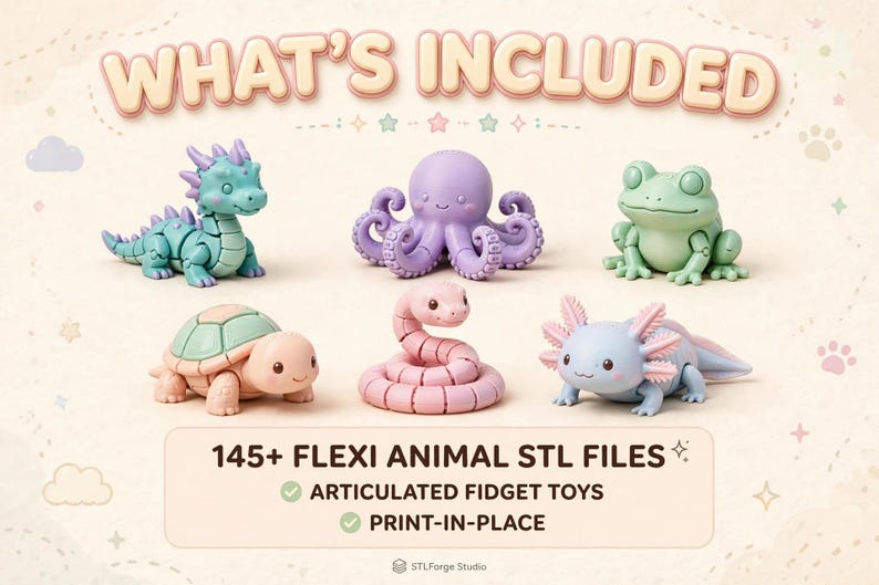 May include: A collection of six articulated animal figures including a teal dragon, purple octopus, green frog, peach turtle, pink snake, and blue axolotl. The text reads WHAT'S INCLUDED, 145+ FLEXI ANIMAL STL FILES, ARTICULATED FIDGET TOYS, PRINT-IN-PLACE.
