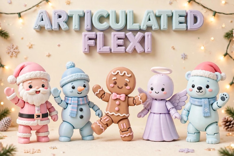 Puede incluir: Cinco figuras navide&ntilde;as articuladas que incluyen un Santa Claus rosa, un mu&ntilde;eco de nieve azul claro, un hombre de jengibre marr&oacute;n, un &aacute;ngel lavanda y un oso azul claro con gorro de Santa, bajo el texto ARTICULATED FLEXI.
