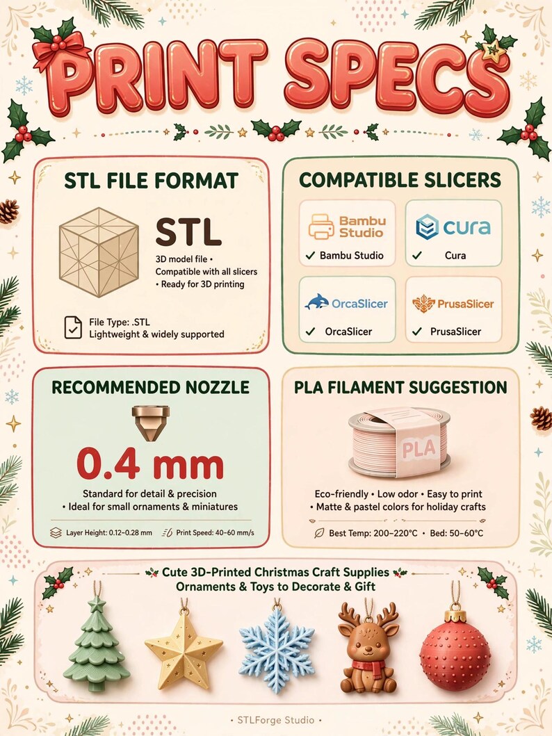 K&ouml;nnte beinhalten: Eine Infografik mit dem Titel PRINT SPECS, die Anforderungen f&uuml;r den 3D-Druck auflistet. Sie enth&auml;lt Informationen zum STL-Dateiformat, kompatiblen Slicern wie Bambu Studio, Cura, OrcaSlicer und PrusaSlicer, einer 0,4 mm D&uuml;se sowie Empfehlungen f&uuml;r PLA-Filament.