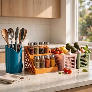 May include: A teal utensil holder containing wooden and metal tools, an orange two-tier spice rack with eight glass jars, and two plastic grid-patterned storage baskets in light pink and light green holding various fresh produce items.