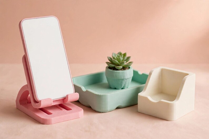 May include: A pink adjustable smartphone stand holding a white rectangular phone, a light green rectangular tray containing a small green succulent in a matching pot, and a cream-coloured square desk organiser with an open front design.