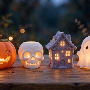 May include: A set of four illuminated Halloween decorations including an orange pumpkin, a white skull, a grey house, and a white ghost. Each piece features cut-out details that allow warm light to glow from within, creating a festive display.