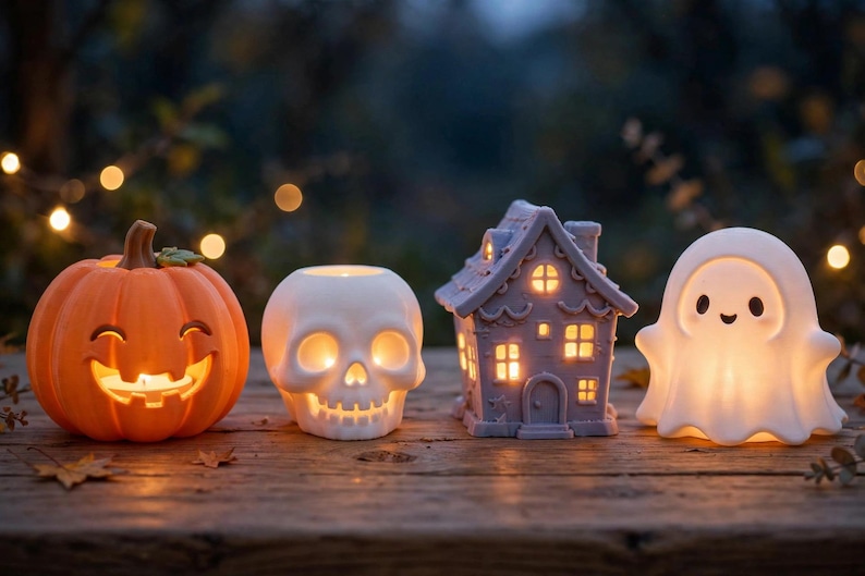 May include: A set of four illuminated Halloween decorations including an orange pumpkin, a white skull, a grey house, and a white ghost. Each piece features cut-out details that allow warm light to glow from within, creating a festive display.
