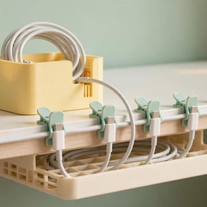 May include: A pale yellow plastic cable storage box sits on a desk, holding coiled white charging cables. Four light green clips are attached to the desk edge, securing the white cables that hang down into a pale yellow under-desk storage tray.