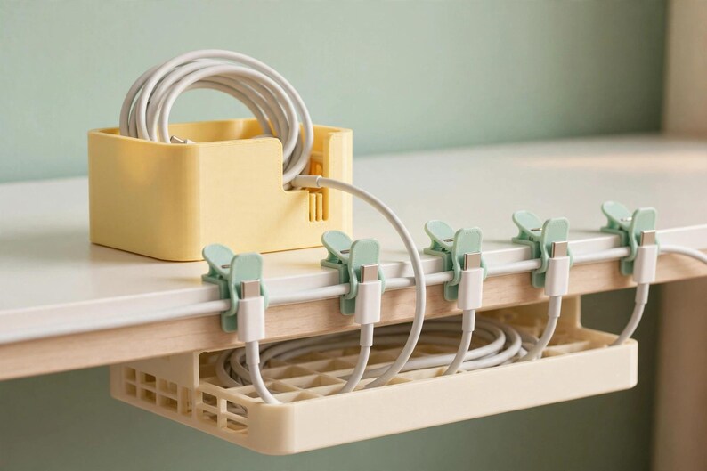 May include: A pale yellow plastic cable storage box sits on a desk, holding coiled white charging cables. Four light green clips are attached to the desk edge, securing the white cables that hang down into a pale yellow under-desk storage tray.