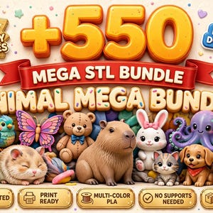 Puede incluir: Un gr&aacute;fico digital para un Mega STL Bundle con 550 archivos de animales. El texto dice +550, MEGA STL BUNDLE, ANIMAL MEGA BUNDLE, HIGH QUALITY STL FILES e INSTANT DOWNLOAD. Los personajes incluyen una rana, mariposa, oso, capibara, conejo, pulpo, gato, perro y erizo.