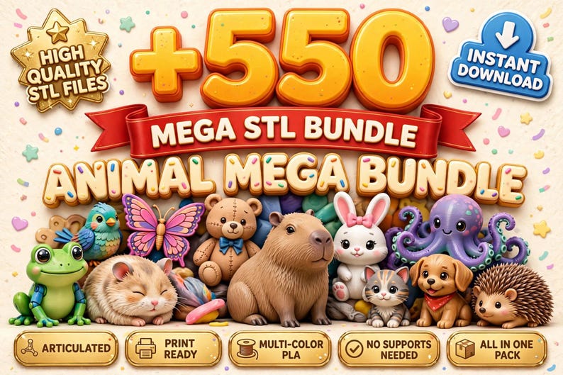 Puede incluir: Un gr&aacute;fico digital para un Mega STL Bundle con 550 archivos de animales. El texto dice +550, MEGA STL BUNDLE, ANIMAL MEGA BUNDLE, HIGH QUALITY STL FILES e INSTANT DOWNLOAD. Los personajes incluyen una rana, mariposa, oso, capibara, conejo, pulpo, gato, perro y erizo.