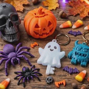 May include: A collection of Halloween-themed items including a grey skull, an orange jack-o'-lantern, a purple spider, a black and purple spider, a white ghost keyring, a blue monster keyring, small purple bats, and orange and yellow candy corn.