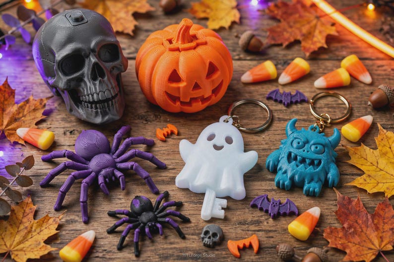 May include: A collection of Halloween-themed items including a grey skull, an orange jack-o'-lantern, a purple spider, a black and purple spider, a white ghost keyring, a blue monster keyring, small purple bats, and orange and yellow candy corn.