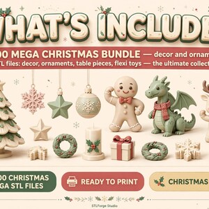Może przedstawiać: Cyfrowa grafika z napisem WHAT'S INCLUDED +200 MEGA CHRISTMAS BUNDLE przedstawiająca ilustracje 3D artykuł&oacute;w świątecznych, w tym choinkę, ozdoby w kształcie płatk&oacute;w śniegu, ludzika z piernika, zielonego smoka i renifera.