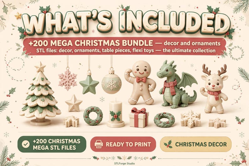 Może przedstawiać: Cyfrowa grafika z napisem WHAT'S INCLUDED +200 MEGA CHRISTMAS BUNDLE przedstawiająca ilustracje 3D artykuł&oacute;w świątecznych, w tym choinkę, ozdoby w kształcie płatk&oacute;w śniegu, ludzika z piernika, zielonego smoka i renifera.