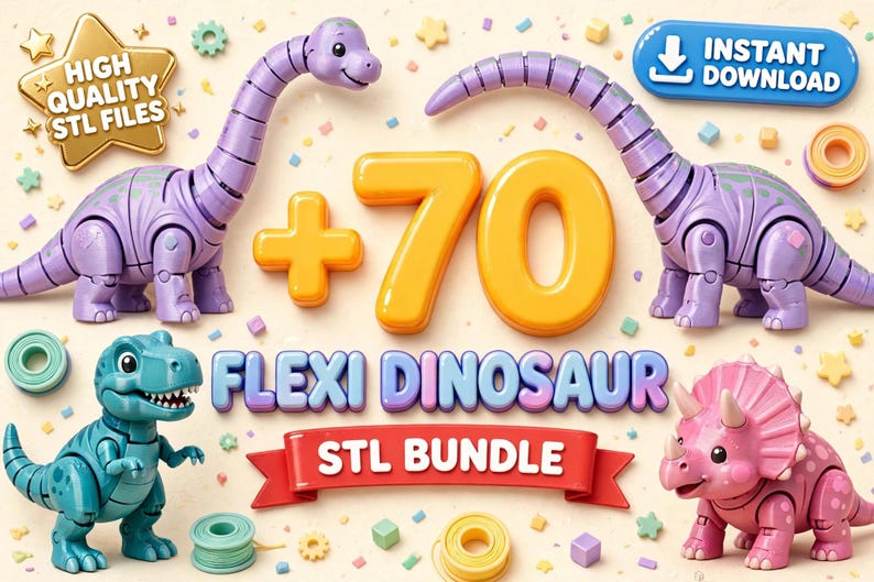 Flexi Dinosaur STL Bundle | 70 Articulated Dinosaur 3D Print Files image 1