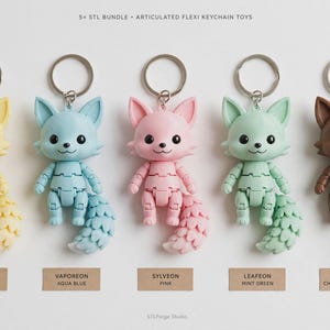 May include: Five articulated flexi keychain toys in pastel yellow, aqua blue, pink, mint green, and chocolate brown. Each figure features a fox-like character with large eyes and a segmented tail, attached to a silver metal keyring. Text labels identify each character and color, with a header reading 5x STL BUNDLE - ARTICULATED FLEXI KEYCHAIN TOYS.