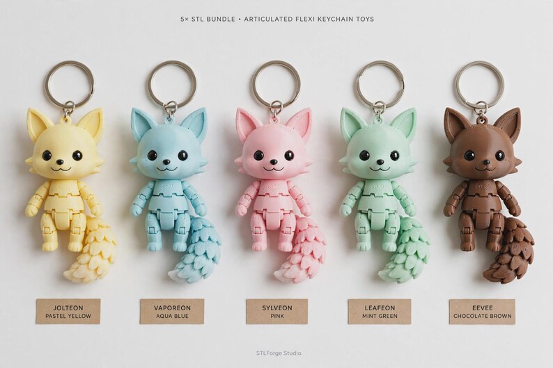 May include: Five articulated flexi keychain toys in pastel yellow, aqua blue, pink, mint green, and chocolate brown. Each figure features a fox-like character with large eyes and a segmented tail, attached to a silver metal keyring. Text labels identify each character and color, with a header reading 5x STL BUNDLE - ARTICULATED FLEXI KEYCHAIN TOYS.