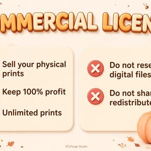 Puede incluir: Un gr&aacute;fico de licencia comercial con el t&iacute;tulo COMMERCIAL LICENSE en letras de burbuja naranjas. Enumera permisos con marcas de verificaci&oacute;n verdes: Sell your physical prints, Keep 100% profit, Unlimited prints. Prohibiciones con X rojas: Do not resell digital files, Do not share or redistribute. Decorado con hojas de oto&ntilde;o, bellotas y una calabaza.