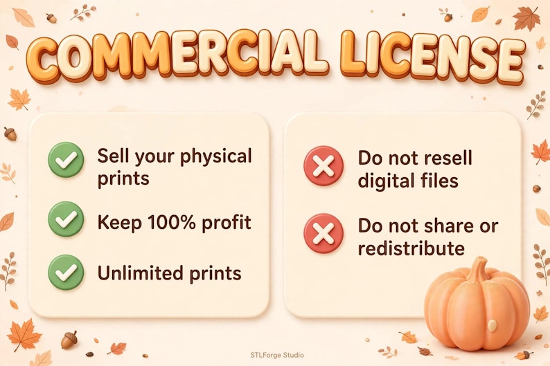 Puede incluir: Un gr&aacute;fico de licencia comercial con el t&iacute;tulo COMMERCIAL LICENSE en letras de burbuja naranjas. Enumera permisos con marcas de verificaci&oacute;n verdes: Sell your physical prints, Keep 100% profit, Unlimited prints. Prohibiciones con X rojas: Do not resell digital files, Do not share or redistribute. Decorado con hojas de oto&ntilde;o, bellotas y una calabaza.