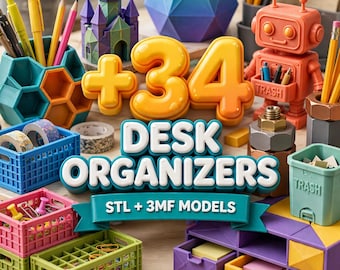 34 3D Printable Desk Organizer Bundle, Pen Holders, Trays, Boxes (STL Files)