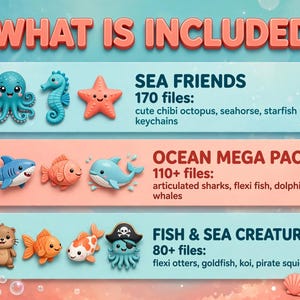 May include: A digital graphic titled WHAT IS INCLUDED featuring three horizontal panels with sea creature illustrations. The panels list Sea Friends with 170 files, Ocean Mega Pack with 110+ files, and Fish & Sea Creatures with 80+ files, showcasing various colorful aquatic animal designs.