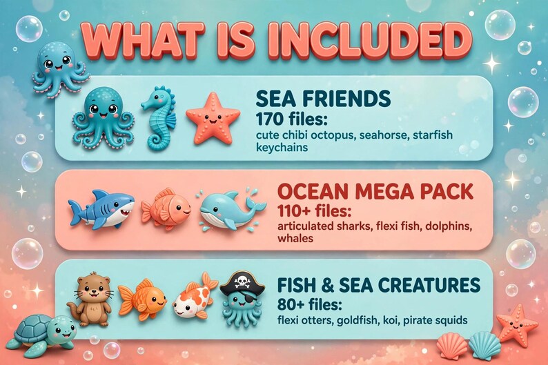 May include: A digital graphic titled WHAT IS INCLUDED featuring three horizontal panels with sea creature illustrations. The panels list Sea Friends with 170 files, Ocean Mega Pack with 110+ files, and Fish & Sea Creatures with 80+ files, showcasing various colorful aquatic animal designs.