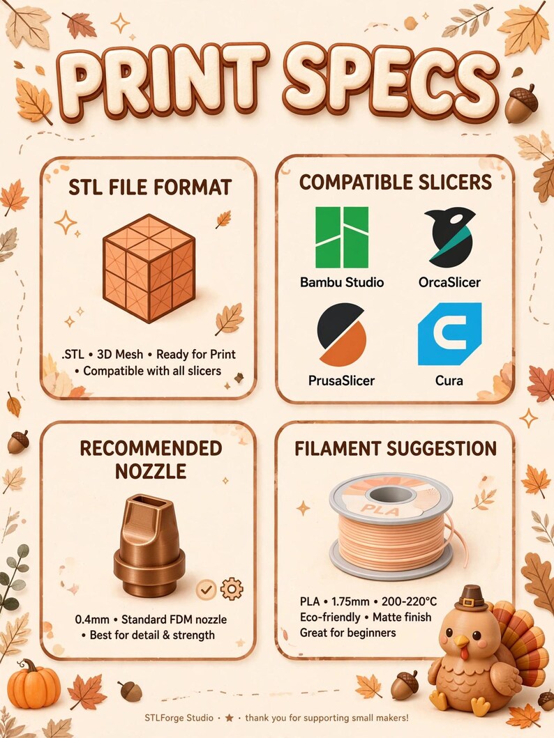 Puede incluir: Un gr&aacute;fico informativo titulado PRINT SPECS que muestra cuatro secciones: STL FILE FORMAT con un icono de cubo, COMPATIBLE SLICERS con logotipos de Bambu Studio, OrcaSlicer, PrusaSlicer y Cura, RECOMMENDED NOZZLE con una boquilla de 0,4 mm y FILAMENT SUGGESTION con una bobina de PLA.