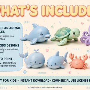 May include: A digital collection of 170+ ocean animal STL files for 3D printing, featuring a light blue dolphin, green turtle, purple octopus, blue whale, blue shark, orange crab, and pink starfish, with text WHAT'S INCLUDED and product details.