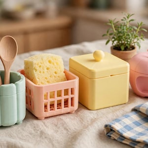 May include: A light green fluted utensil holder containing three wooden spoons, a light pink square grid basket holding a yellow sponge, a yellow square lidded container with a round knob, and a light pink apple-shaped lidded container.