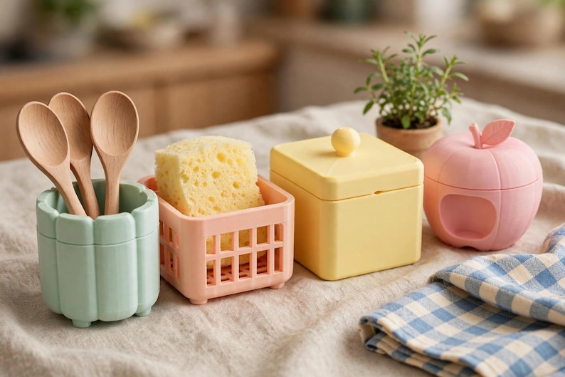 May include: A light green fluted utensil holder containing three wooden spoons, a light pink square grid basket holding a yellow sponge, a yellow square lidded container with a round knob, and a light pink apple-shaped lidded container.