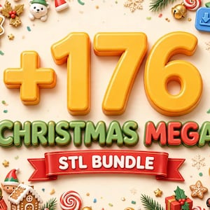 May include: A digital graphic featuring the text +176 CHRISTMAS MEGA STL BUNDLE in 3D yellow and green letters on a cream background. The image includes icons of a train, gingerbread man, snowman, reindeer, gifts, and candy canes.