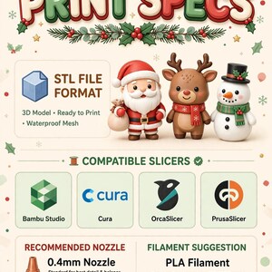 Puede incluir: Una infograf&iacute;a titulada PRINT SPECS que muestra modelos 3D de Santa, un reno y un mu&ntilde;eco de nieve. Enumera el formato de archivo STL, laminadores compatibles como Bambu Studio, Cura, OrcaSlicer y PrusaSlicer, una boquilla de 0,4mm y filamento PLA.