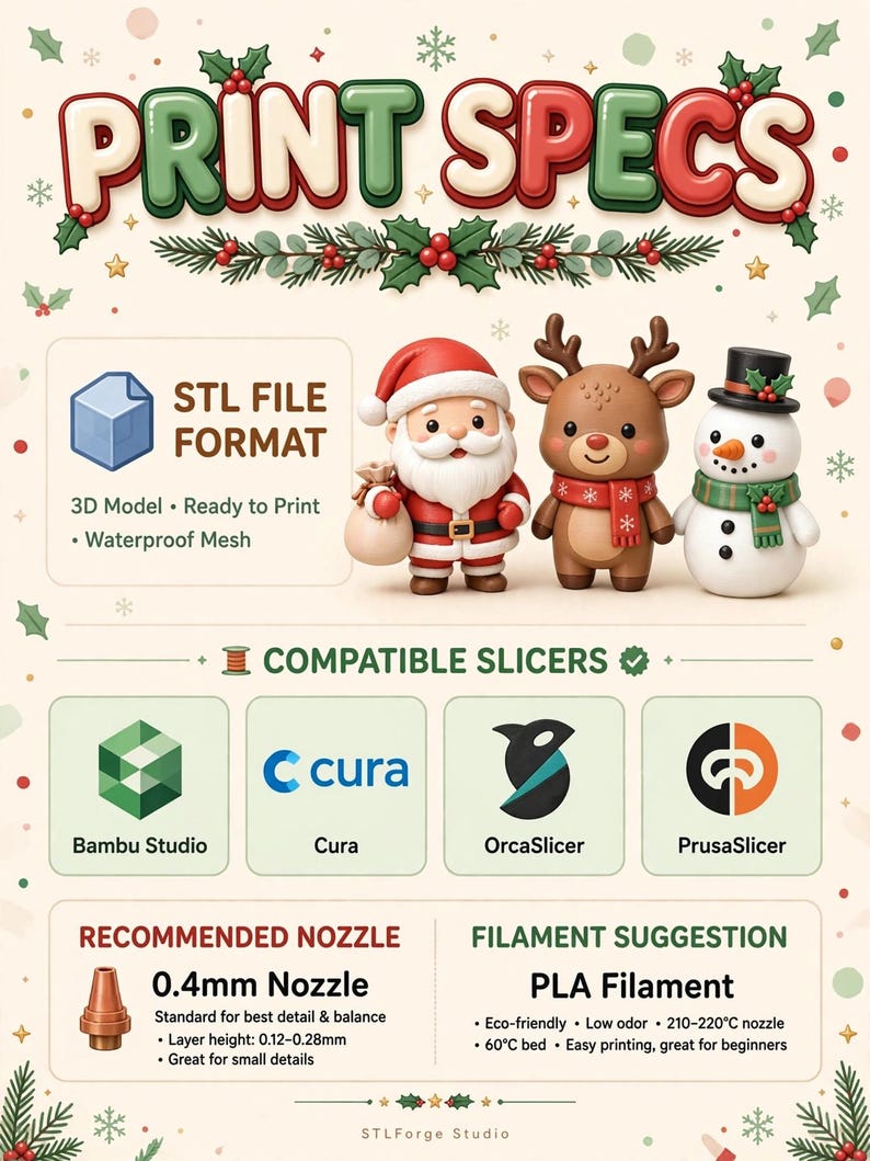 Puede incluir: Una infograf&iacute;a titulada PRINT SPECS que muestra modelos 3D de Santa, un reno y un mu&ntilde;eco de nieve. Enumera el formato de archivo STL, laminadores compatibles como Bambu Studio, Cura, OrcaSlicer y PrusaSlicer, una boquilla de 0,4mm y filamento PLA.