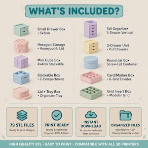 May include: A digital infographic titled WHAT'S INCLUDED? displaying ten pastel-colored 3D storage organizers including a 5x3cm small drawer box, hexagon storage, 4x4cm mini cube box, stackable boxes, and various grid units with text details.