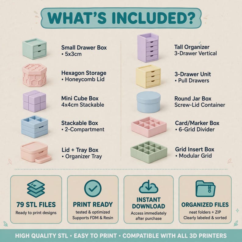 May include: A digital infographic titled WHAT'S INCLUDED? displaying ten pastel-colored 3D storage organizers including a 5x3cm small drawer box, hexagon storage, 4x4cm mini cube box, stackable boxes, and various grid units with text details.