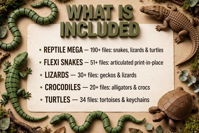 Paquete definitivo de reptiles / Más de 325 archivos STL de serpientes, lagartos, cocodrilos y tortugas / Impresión 3D imagen 2