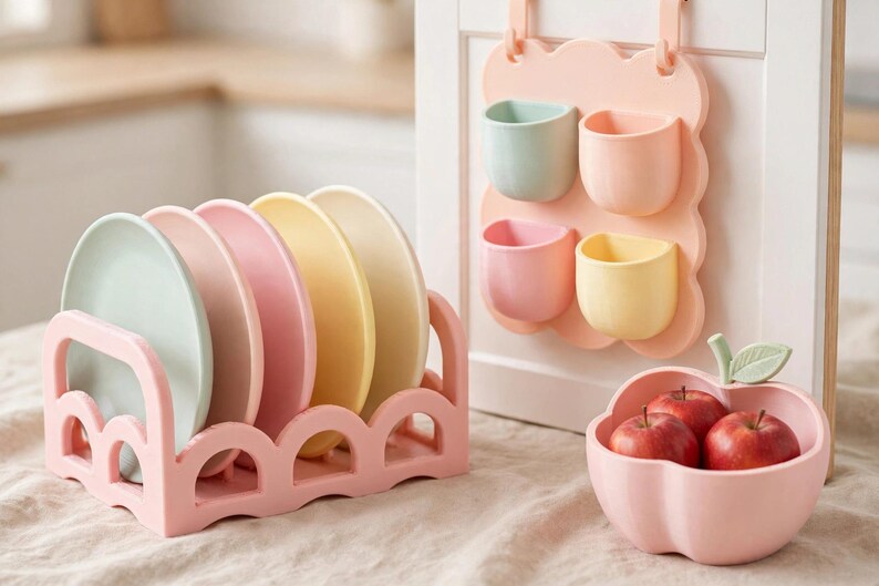 May include: A pink scalloped dish rack holding four pastel plates in mint, pink, and yellow. Beside it, a wall-mounted organiser with four pastel cups and a pink apple-shaped bowl containing three red apples, all in a soft colour palette.