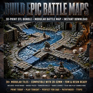 Puede incluir: Un conjunto de mapas de batalla modulares imprimibles en 3D con baldosas de mazmorra de piedra, secciones de r&iacute;o y piezas de puente. La escena incluye figuras en miniatura y dados. Texto: BUILD EPIC BATTLE MAPS, 3D-PRINT STL BUNDLE, 30+ MODULAR TILES.