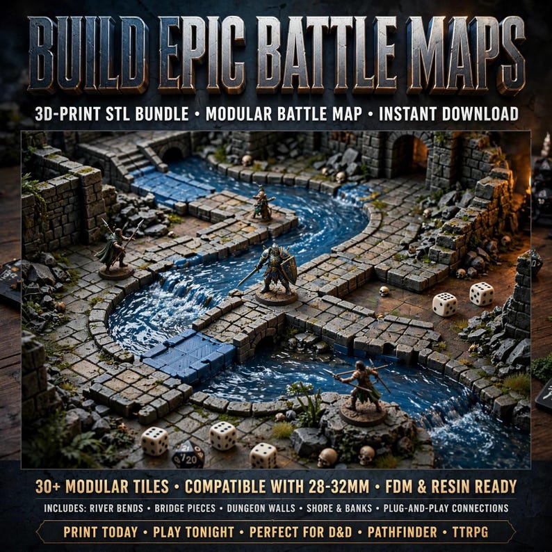 Puede incluir: Un conjunto de mapas de batalla modulares imprimibles en 3D con baldosas de mazmorra de piedra, secciones de r&iacute;o y piezas de puente. La escena incluye figuras en miniatura y dados. Texto: BUILD EPIC BATTLE MAPS, 3D-PRINT STL BUNDLE, 30+ MODULAR TILES.