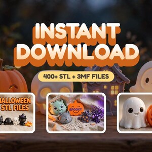 May include: A digital collection of 400+ Halloween-themed STL and 3MF files featuring 3D models of pumpkins, ghosts, spiders, and haunted houses. The text INSTANT DOWNLOAD and 400+ STL + 3MF FILES is displayed alongside images of small figurines.