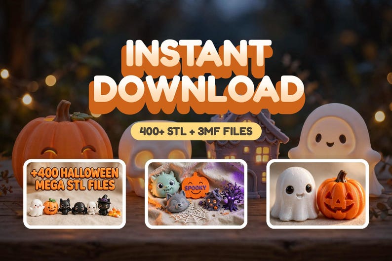 May include: A digital collection of 400+ Halloween-themed STL and 3MF files featuring 3D models of pumpkins, ghosts, spiders, and haunted houses. The text INSTANT DOWNLOAD and 400+ STL + 3MF FILES is displayed alongside images of small figurines.