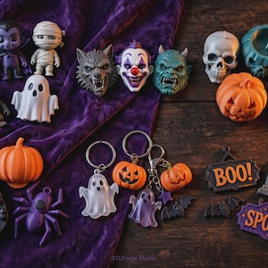 May include: A collection of Halloween-themed items including miniature figurines of a monster, vampire, mummy, werewolf, clown, and ghost. Also features pumpkin, skull, and spider ornaments, keychains with ghosts and pumpkins, and signs reading BOO and SPOOKY.
