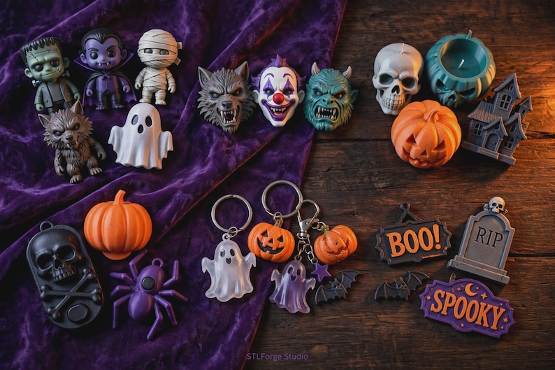 May include: A collection of Halloween-themed items including miniature figurines of a monster, vampire, mummy, werewolf, clown, and ghost. Also features pumpkin, skull, and spider ornaments, keychains with ghosts and pumpkins, and signs reading BOO and SPOOKY.