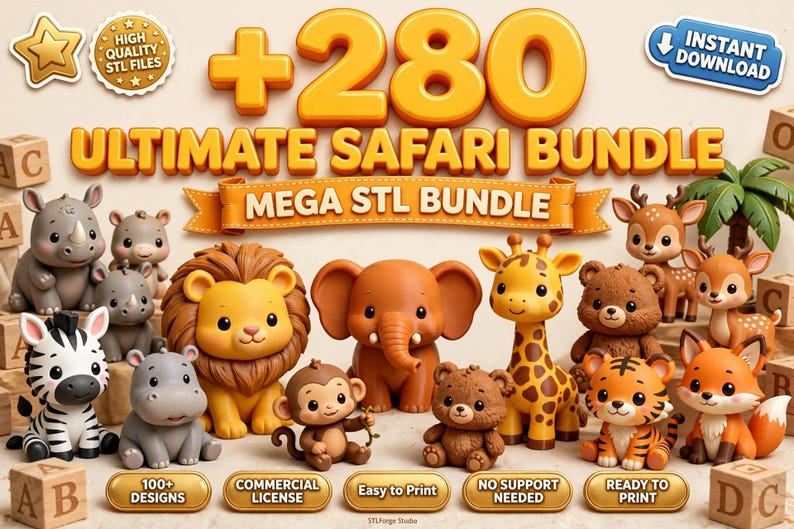 May include: A digital collection of 280 3D printable safari animal figures including a lion, elephant, giraffe, zebra, monkey, and bear. The image features the text +280 ULTIMATE SAFARI BUNDLE MEGA STL BUNDLE, along with labels for high quality files.