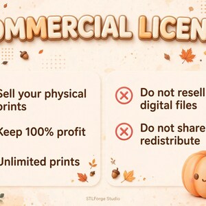 May include: A commercial license graphic with autumn leaves and acorns. Text reads: COMMERCIAL LICENSE. Green checkmarks list: Sell your physical prints, Keep 100% profit, Unlimited prints. Red X marks list: Do not resell digital files, Do not share or redistribute.