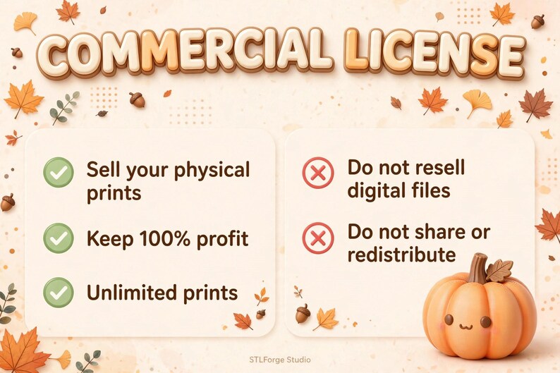 May include: A commercial license graphic with autumn leaves and acorns. Text reads: COMMERCIAL LICENSE. Green checkmarks list: Sell your physical prints, Keep 100% profit, Unlimited prints. Red X marks list: Do not resell digital files, Do not share or redistribute.