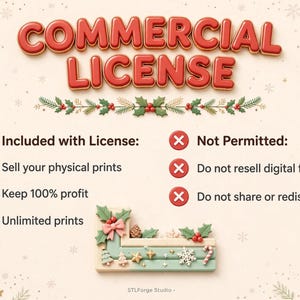 May include: A commercial licence graphic with red 3D text on a cream background decorated with holly and snowflakes. It lists included rights like selling physical prints and keeping profit, and prohibited actions like reselling digital files.