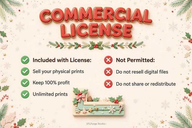 May include: A commercial licence graphic with red 3D text on a cream background decorated with holly and snowflakes. It lists included rights like selling physical prints and keeping profit, and prohibited actions like reselling digital files.