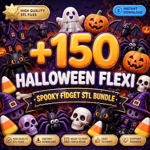 May include: A digital graphic for a bundle of 150 Halloween flexi spooky fidget STL files. The image features 3D-style icons of ghosts, pumpkins, bats, spiders, skulls, candy corn, and purple witch hats against a dark purple background.
