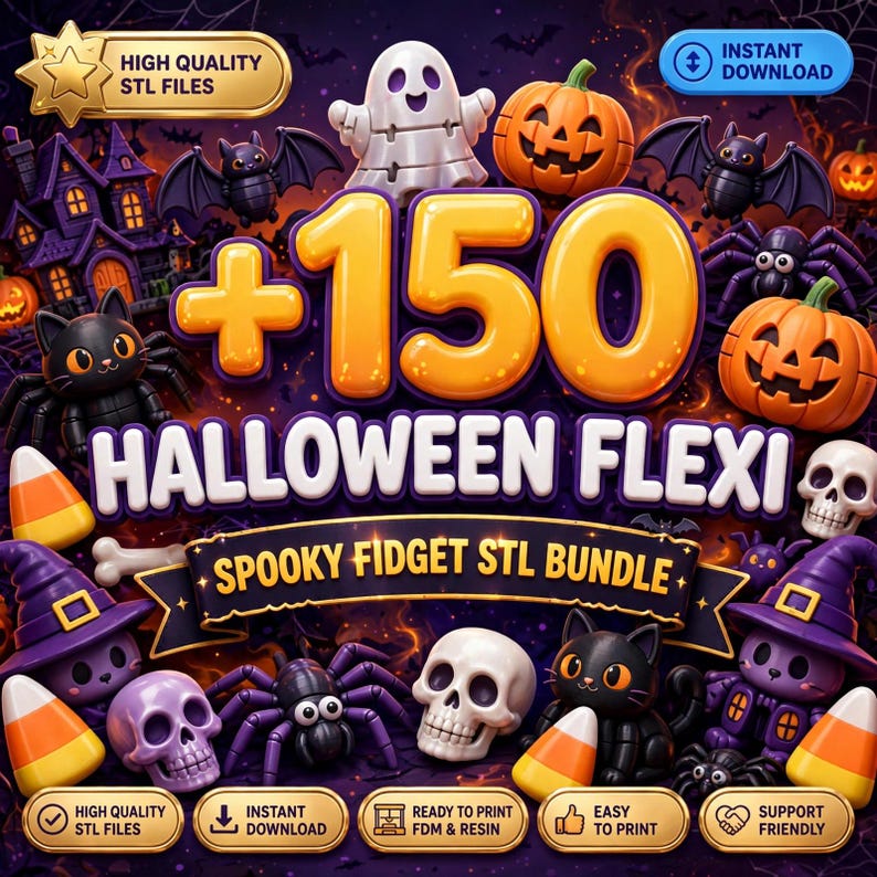 May include: A digital graphic for a bundle of 150 Halloween flexi spooky fidget STL files. The image features 3D-style icons of ghosts, pumpkins, bats, spiders, skulls, candy corn, and purple witch hats against a dark purple background.