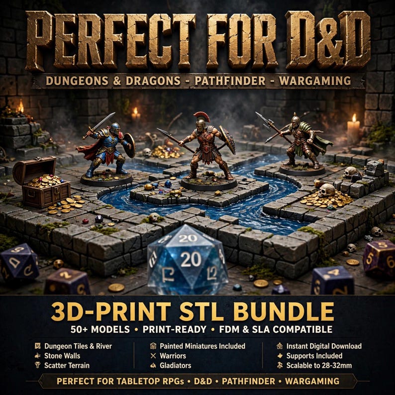 Puede incluir: Un paquete de archivos STL para impresi&oacute;n 3D con tres miniaturas de guerreros sobre baldosas de mazmorra de piedra, un r&iacute;o, un cofre del tesoro y monedas de oro. Un dado azul de 20 caras est&aacute; en primer plano. Texto: PERFECT FOR D&D y 3D-PRINT STL BUNDLE.