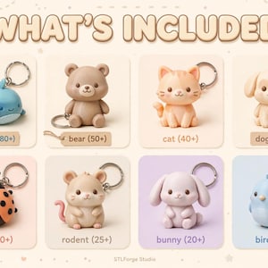 May include: A collection of eight animal-themed keychains featuring a blue whale, brown bear, orange cat, tan dog, ladybug, tan mouse, light purple bunny, and light blue bird. Each keychain includes a metal ring and a label with the animal name.