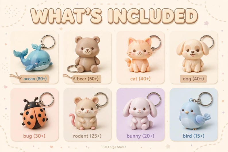 May include: A collection of eight animal-themed keychains featuring a blue whale, brown bear, orange cat, tan dog, ladybug, tan mouse, light purple bunny, and light blue bird. Each keychain includes a metal ring and a label with the animal name.